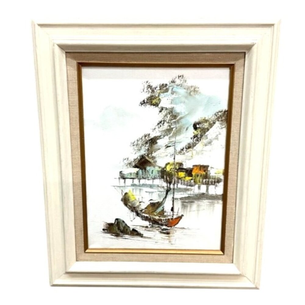 Vintage Oil Painting on Canvas Chinese Maritime Sail/Junk Boat Original‎